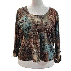 Coldwater Creek XXL Large Brown Teal Abstract Blouse Bell Sleeve Western Rodeo